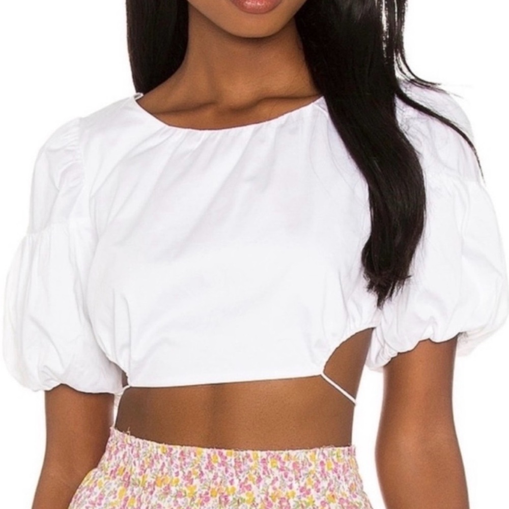 For Love And Lemons White Puff Sleeve Cutout Crop Top